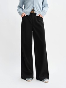 Pantalon large taille haute pour femme, coupe décontractée, couleur unie, en toile, mode automne, longueur complète avec poches - Product Image 4