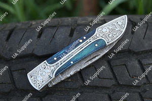 OEM Wholesale Professional Hand Engraved Damascus Steel Folding Pocket <b>Knife</b> Wood Epoxy Handle Leather Sheath Foldable Tactical - Product Image 5