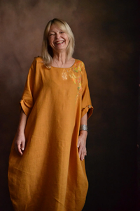 Hand-Painted Mustard Yellow Linen Kaftan Maxi Dress for Women Elegant Round Neckline and <b>Three</b>-Quarter Length Sleeves Long Gown - Product Image 1