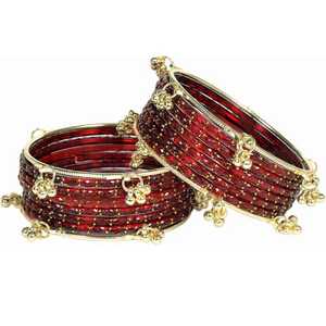 Gold Plated Glass Kashmiri <b>Bangles</b> with Emerald Cut Pearl Detailing Trendy Bridal & Wedding Occasion Wear - Product Image 2