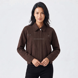 Women's Olive Green <b>Suede</b> Utility <b>Jacket</b> With Turn-Down Collar And Zipper Pockets Autumn Style - Product Image 3