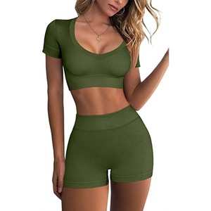 Conjunto Deportivo Sin Costuras Acanalado para Mujer: Top Corto de Manga Corta y Shorts de Fitness de Cintura Alta Elásticos para Gimnasio - Product Image 1