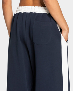 Pantalon large bleu marine pour femme, taille haute élastique, rayures latérales, coupe décontractée ample, longueur complète, en tricot de spandex et polyester - Product Image 6