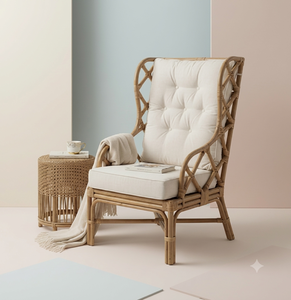 Modern Scandinavian Design Natural Rattan <b>Dining</b> Chair High Back Woven Wicker Accent <b>Armchair</b> Removable Cover Thick Tufted - Product Image 1