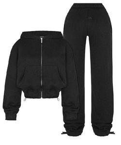 Premium Loungewear Set Women's <b>Cropped</b> <b>Zip</b> <b>Up</b> Hoodie Wide Leg Sweatpants Heavyweight Cotton Fleece Tracksuits Streetwear - Product Image 2