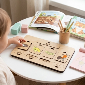 Puzzle in <span class=keywords><strong>Legno</strong></span> del Ciclo di Vita delle Formiche, Artigianato Fatto a Mano con Fasi di Uova, Larve, Pupae e Adulti <span class=keywords><strong>per</strong></span> Bambini - Product Image 1