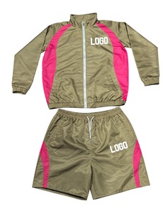 Unisex Olive Pink Tracksuit Set Full Sleeve Zipper Jacket With <b>Shorts</b> Side <b>Pockets</b> Quick Dry Sporty Design Adult Spring Wear - Product Image 1