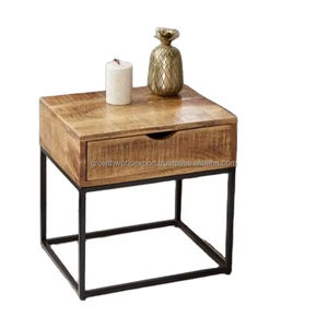 Table de chevet moderne en bois massif de style industriel avec cadre métallique et tiroirs de rangement, capacité de plus de 5 pieds cubes - Product Image 1