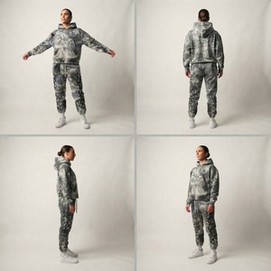 Ensemble de survêtement court en coton imprimé graphique pour homme, style Y2K streetwear, coupe ample, molleton épais, sweat à capuche zippé court et pantalon de survêtement, logo personnalisé - Product Image 2