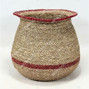 VERDANT URN Red Striped Woven Seagrass Simple Geometric Floor <b>Basket</b> <b>Handle</b> Eco-Friendly Multifunction Storage for Home Decor - Product Image 3