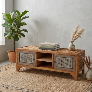 New Modern <b>Minimalist</b> Flores Wooden TV Nightstand Natural Rattan Webbing Console Media Storage Cabinet Living Room Entertainment - Product Image 3