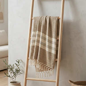 Manta de Sofá Tejida de Algodón Crema con Rayas Horizontales de 130x170 cm, con Flecos Decorativos para Decoración Moderna del Hogar - Product Image 3