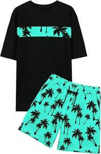 Ensemble décontracté pour homme : T-shirt blanc à manches courtes avec imprimé palmier et short vert olive, respirant, coupe classique, col rond, en jersey de coton - Product Image 4