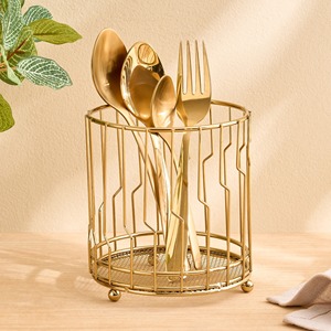 Support à couverts moderne en fil doré avec organiseur de serviettes, compatible lave-vaisselle, ensemble de rangement pour couverts pour table à manger - Product Image 3