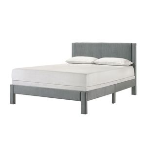 1pc Contemporary Light Gray <b>Bed</b> Queen <b>Platform</b> Plush Upholstered Headboard Low Profile <b>Frame</b> Ribbed Texture Unobtrusive Legs - Product Image 1