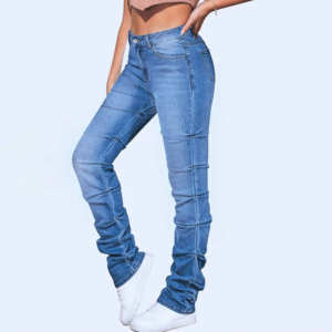 Jeans pour femmes à taille haute, logo personnalisé OEM, mode, grande taille, respirant, confortable, coupe slim, pantalon pour filles - Product Image 1
