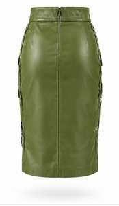 Women's Olive Green <b>Leather</b> Pencil Skirt With Adjustable <b>Belt</b> Buckles - Product Image 6