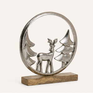 Handmade Modern Silver Aluminium Reindeer Sculpture with Natural Mango Wood Base Elegant Round Frame Christmas <b>Tree</b> Figurine - Product Image 1