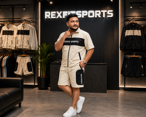REXFIT SPORTS 2026 Ensemble de survêtement personnalisé pour homme en nylon beige à manches courtes, veste zippée intégrale et short, vêtements de sport sur mesure - Product Image 4