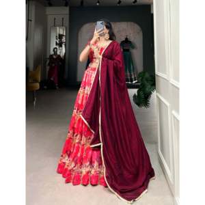 Attractive <b>red</b> Tussar <b>Silk</b> & Printed Lehenga Choli With Dupatta - Product Image 2