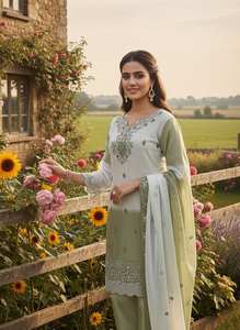 Conjunto de Kurti, Pantalón y Dupatta de Diseñador con Bordado Intenso – Traje Étnico Festivo y para Bodas - Product Image 2