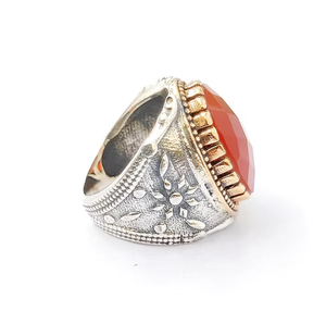 Antique Textured Band 925 Silver 12.9 Grams Signet <b>Ring</b> With <b>Large</b> Carnelian Vintage Style Jewelry Handmade Collection - Product Image 3