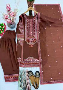 New <b>Women's</b> Designer Party Wear Pur Mul Chandheri <b>Top</b> Farshi Palazzo Dupatta Set Reversible Stretchable Wrinkle-Free Quick Dry - Product Image 6