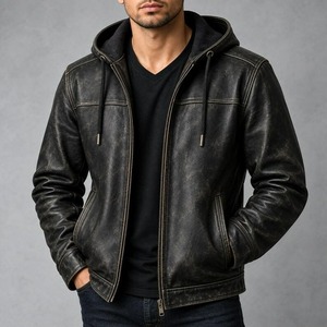 Mens Distressed Burgundy Genuine Leather Hoodie <b>Vintage</b> <b>Biker</b> Style <b>Jacket</b> - Product Image 4