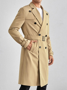 Manteau trench-coat kaki croisé pour homme, à revers crantés, ceinturé, longueur genou, manches classiques, en laine et polyester - Product Image 5