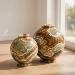 Ensemble de vases en onyx sculpté Feng Shui écologiques faits à la main, deux vases ronds à bourgeons verts - Product Image 3