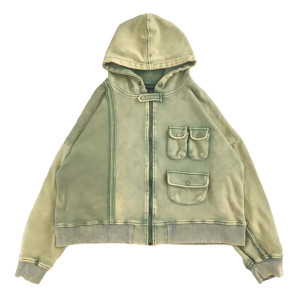 Sweats à capuche vert pour homme, multi-poches, fermeture éclair, style streetwear tactique, coupe ample, effet vintage, coton premium. - Product Image 1