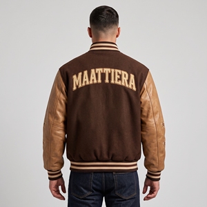 Maattiera Men's <b>Jacket</b> <b>Brown</b> Fleece <b>Leather</b> Sleeves Embroidered Letter Back Vintage Style Autumn Wear - Product Image 6