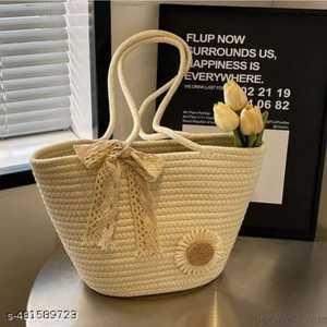 Sac cabas en paille pour femme, style bohème avec décoration florale, sac de plage léger, décontracté, ouvert, deux poignées, prêt à être expédié - Product Image 1