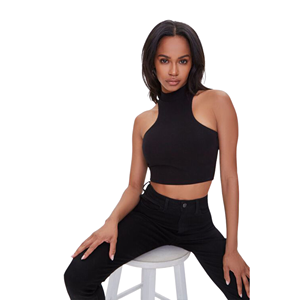 Top Corto de Punto con Cuello Alto para Mujer, Color Negro Sólido, Estilo Minimalista, Transpirable, Tejido de Spandex y Poliéster - Product Image 1
