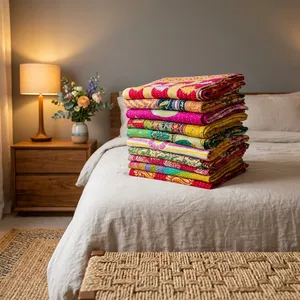 Couverture vintage indienne Kantha brodée, faite à la main, réversible, lavable, en coton, style bohème, pour lit et décoration d'hôtel et de maison - Product Image 1