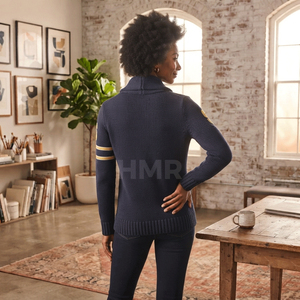 Cardigan en tricot HMR Sisterhood Sorority à manches longues, col montant, fermeture éclair, poches contrastées, style preppy - Product Image 5