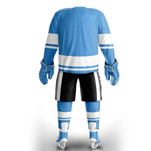 Blue Men's Ice Hockey Uniform Full Sleeve Jersey With Black Shorts Gloves Sublimation Printed Breathable Polyester Adult Size - Product Image 2