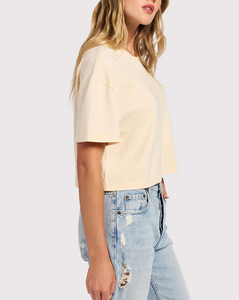 Women's Cream <b>Cropped</b> T-Shirt Short Sleeve Crew Neck Loose Fit Casual Solid Color 100% Cotton Jersey Spring Summer <b>Top</b> - Product Image 3