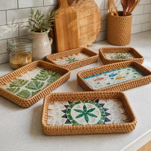 Ensemble de plateaux de service pour en-cas en rotin et nacre, faits à la main, avec incrustations de coquillages naturels, pour une dégustation luxueuse à la maison - Product Image 5