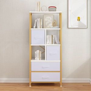 5-Layer Bookshelf with 4 Drawers Particle Board and Iron Frame Non-Woven Fabric 60*30*147cm Gold Frame White Plate Bookcase - Product Image 1