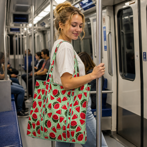 Watermelon Block Print Cotton <b>Canvas</b> <b>Tote</b> Bag Summer Fashionable Design Zip Closure Shopping Bag Eco Friendly Durable Daily Use - Product Image 5