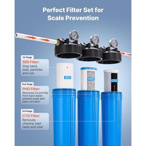 Sistema di filtraggio dell'acqua per tutta la casa a 3 stadi |   Filtro domestico da 4,5 x 20 pollici |   Depuratore d'acqua a sedimenti con pH, CTO e riduzione del cloro - Product Image 3