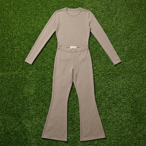 Women Beige <b>Long</b> <b>Sleeve</b> <b>Top</b> Flared Pants Yoga Set Gym Fitness <b>Workout</b> Activewear Matching Two Piece Set - Product Image 6