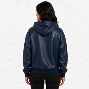 <b>Women's</b> <b>Navy</b> Blue Fleece Lined <b>Hoodie</b> Pullover Windproof Regular Fit Solid Color Full Sleeve Sweatshirt - Product Image 5