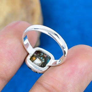 Natural Multi Spiny Copper Turquoise Cushion Cab Gemstone Sterling Silver Plated Handmade Bezel <b>Statement</b> <b>Ring</b> For Girl - Product Image 3