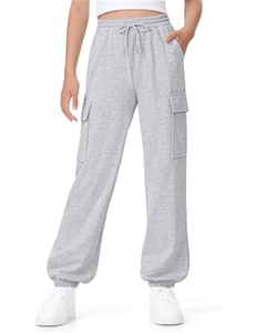 Pantalon de jogging cargo ample pour filles, taille élastique, logo personnalisé, tissu tricoté, beige, pour enfants - Product Image 5