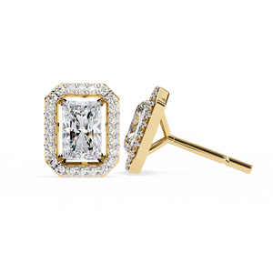 Boucles d'oreilles en or jaune 18 carats avec diamant taille radiant et halo, bijoux élégants pour femmes, pour mariage, anniversaire et occasions spéciales - Product Image 1