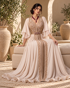 Caftán Marroquí Beige Champán con Bordado Dorado, Mangas con Volantes en Capas y Cinturón Morado, Maxi Vestido de Terciopelo Color Ciruela con Cuello en V, Transpirable - Product Image 3