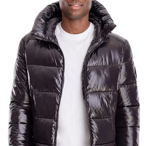 <b>Men's</b> Black Hooded Puffer <b>Jacket</b> Sherpa Floral Zipper Closure Windproof Casual Winter Regular Fit Polyester Shell Thick Padding - Product Image 1