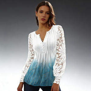 Hot sale on Temu chic <b>white</b> blue gradient print blouse with hollow lace <b>long</b> <b>sleeves</b> v neck buttoned top - Product Image 3